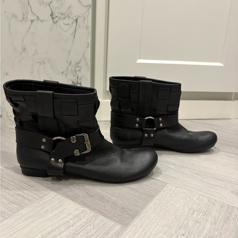 Miss Sixty Woven Harness Black Leather Ankle Booties